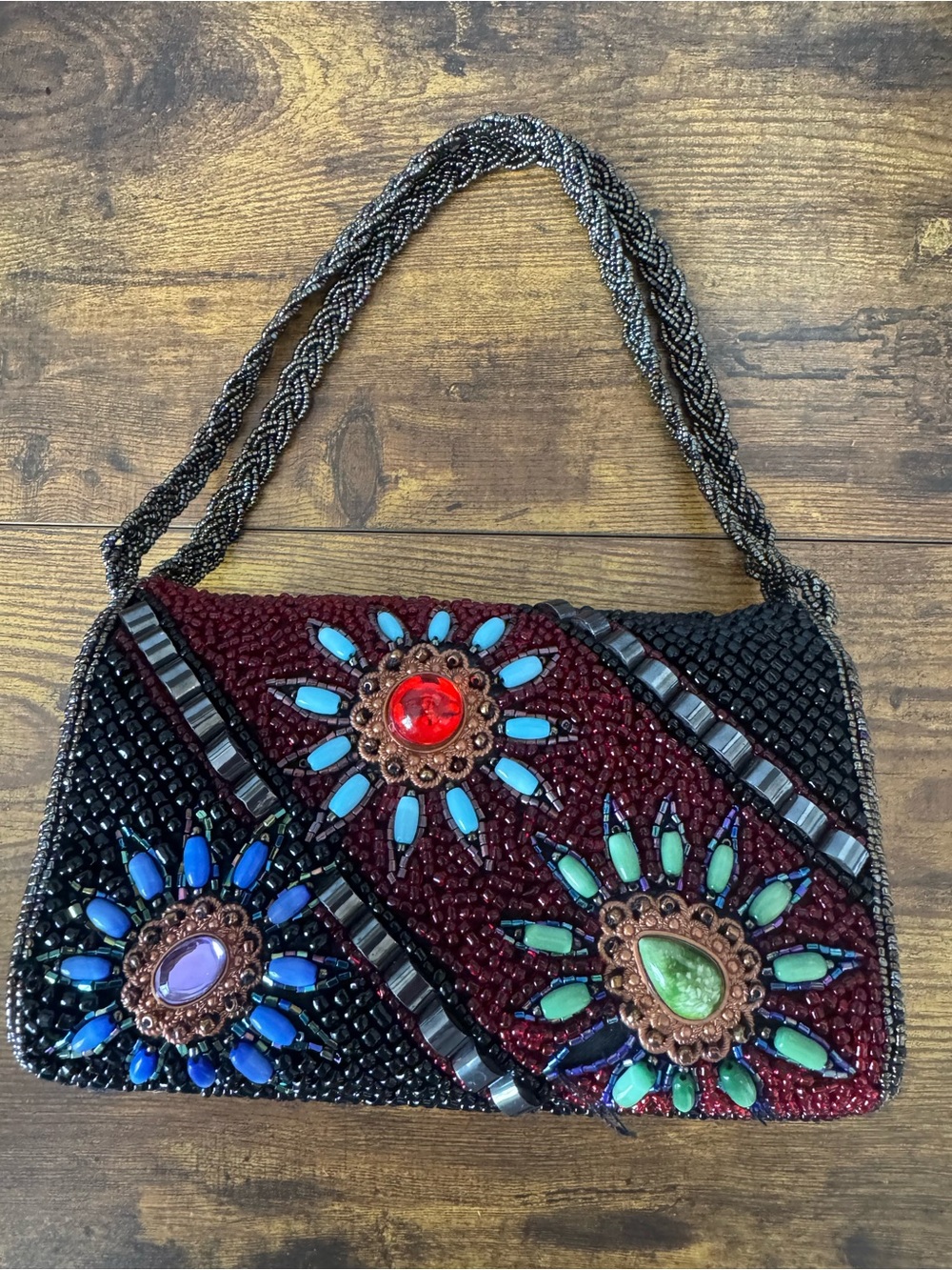 Vintage Beaded Purse Multicolor Stone Boho Statement Evening Clutch Bag